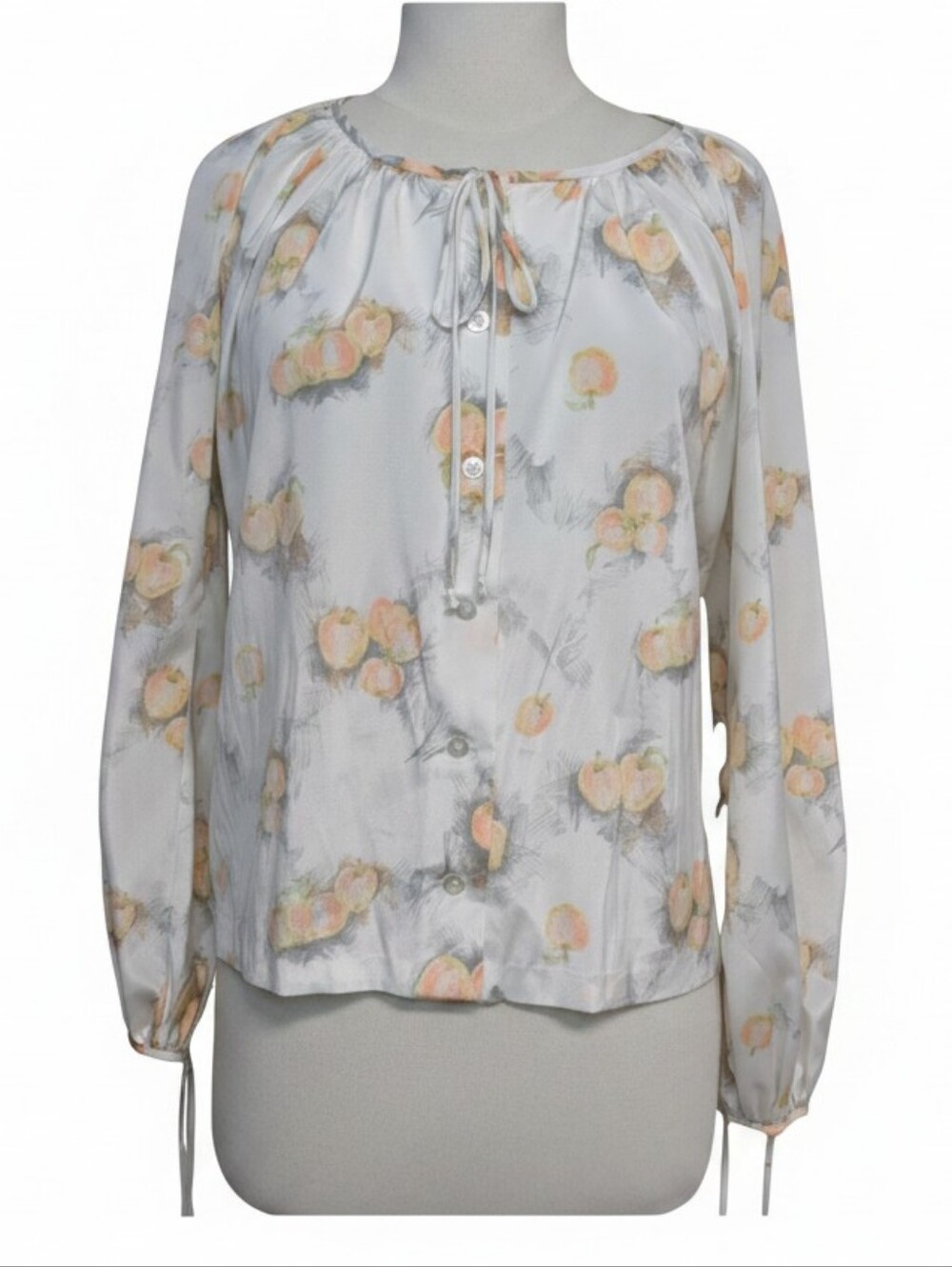 Vintage Cream Floral Blouse with Peach & Green Fruit Print